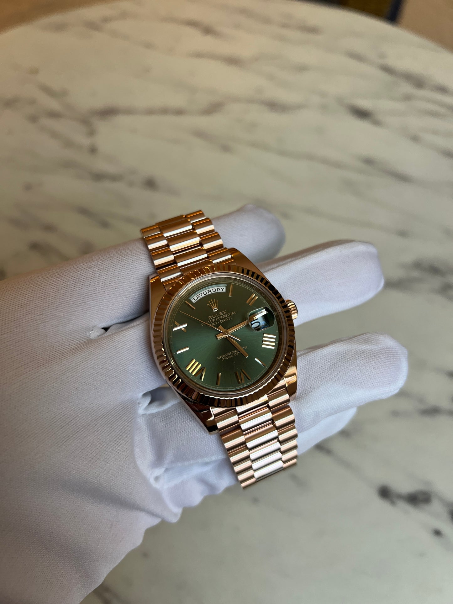 Rolex Day Date President 40mm 228235 Rose Gold Olive Dial