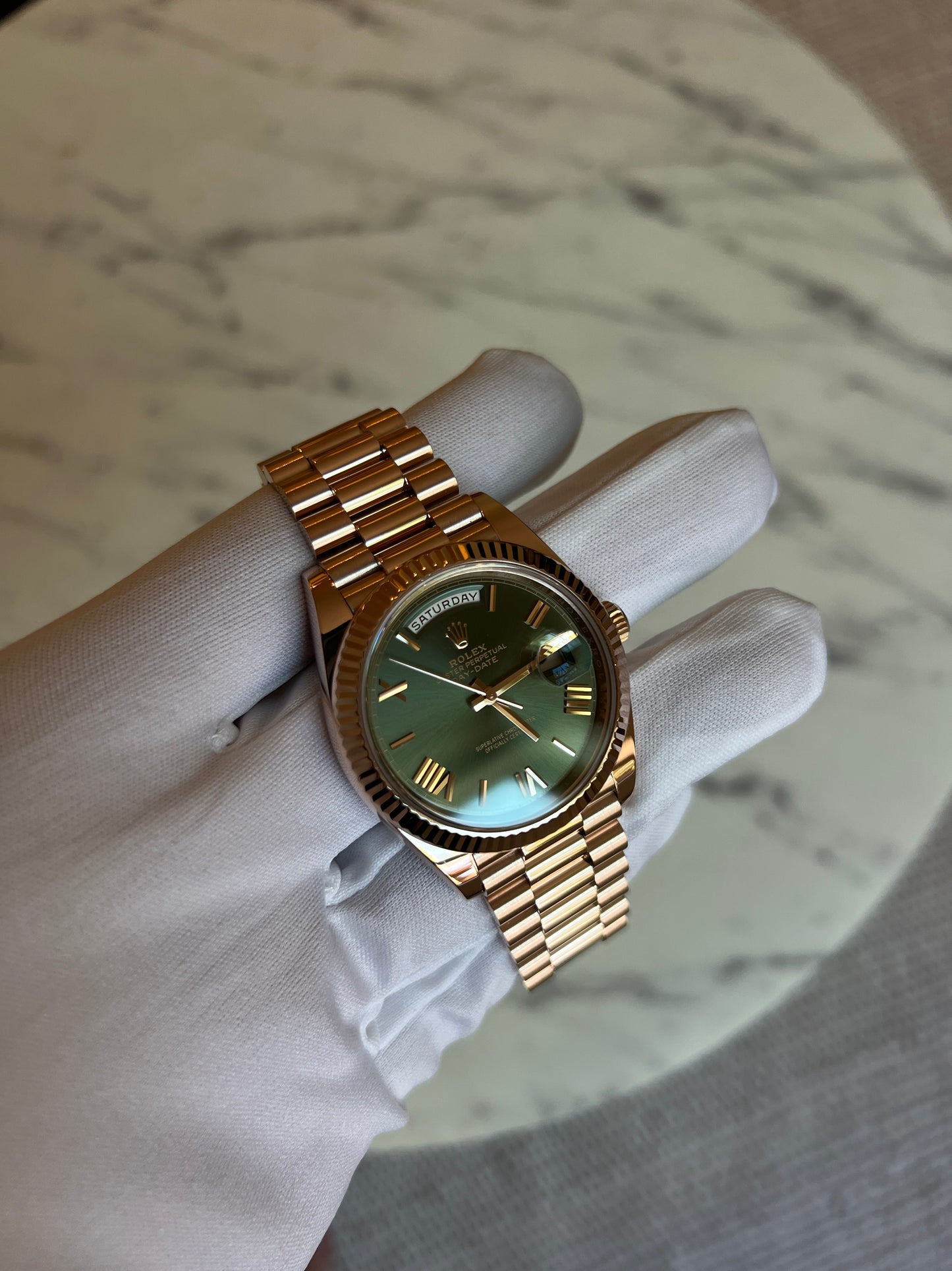 Rolex Day Date President 40mm 228235 Rose Gold Olive Dial
